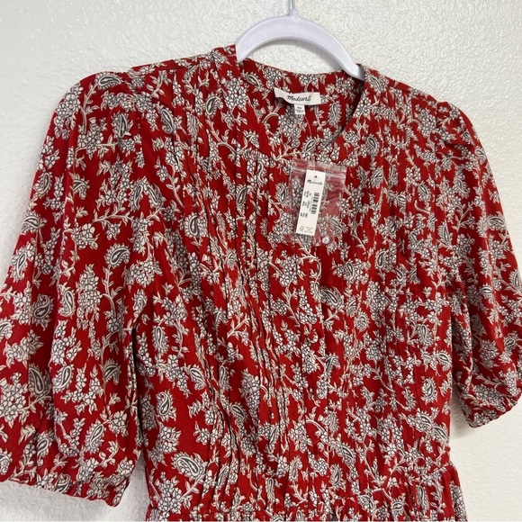 Madewell Pintucked Puff-Sleeve Midi Dress in Red Floral Fall Dress Size 00 NWT - Picture 8 of 15